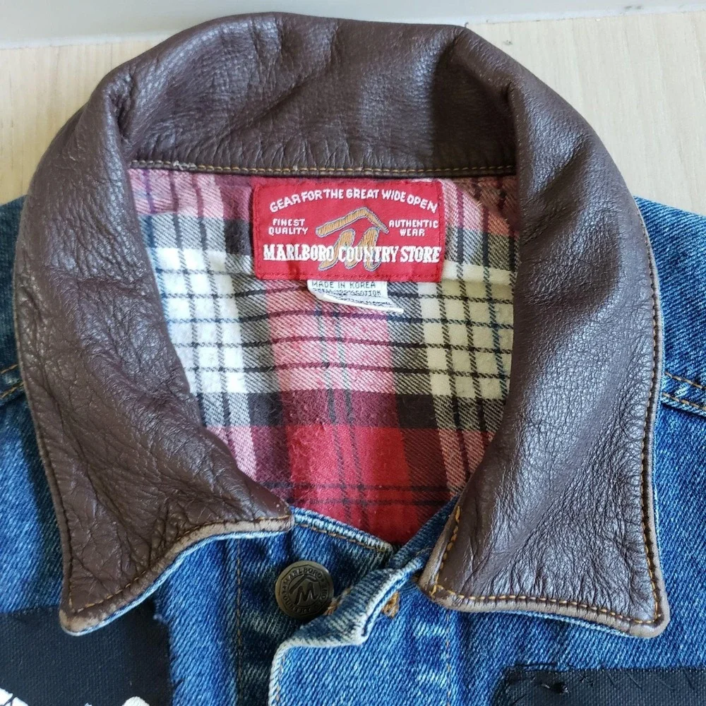 Vintage Marlboro Country Store Vest Mens M Blue Denim Biker Lamb Of God Patch